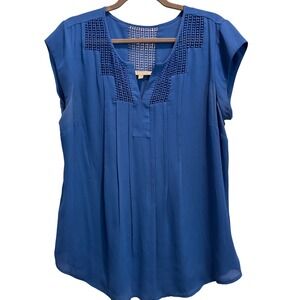 Daniel Rainn Blouse Womens Large Blue Excellent Crochet Pleated Cap Sleeve Top